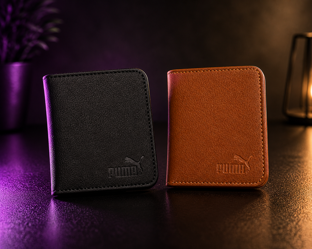 Men’s Premium Leather Wallet – Black, Orange & Gray | Luxury Puma Logo Design