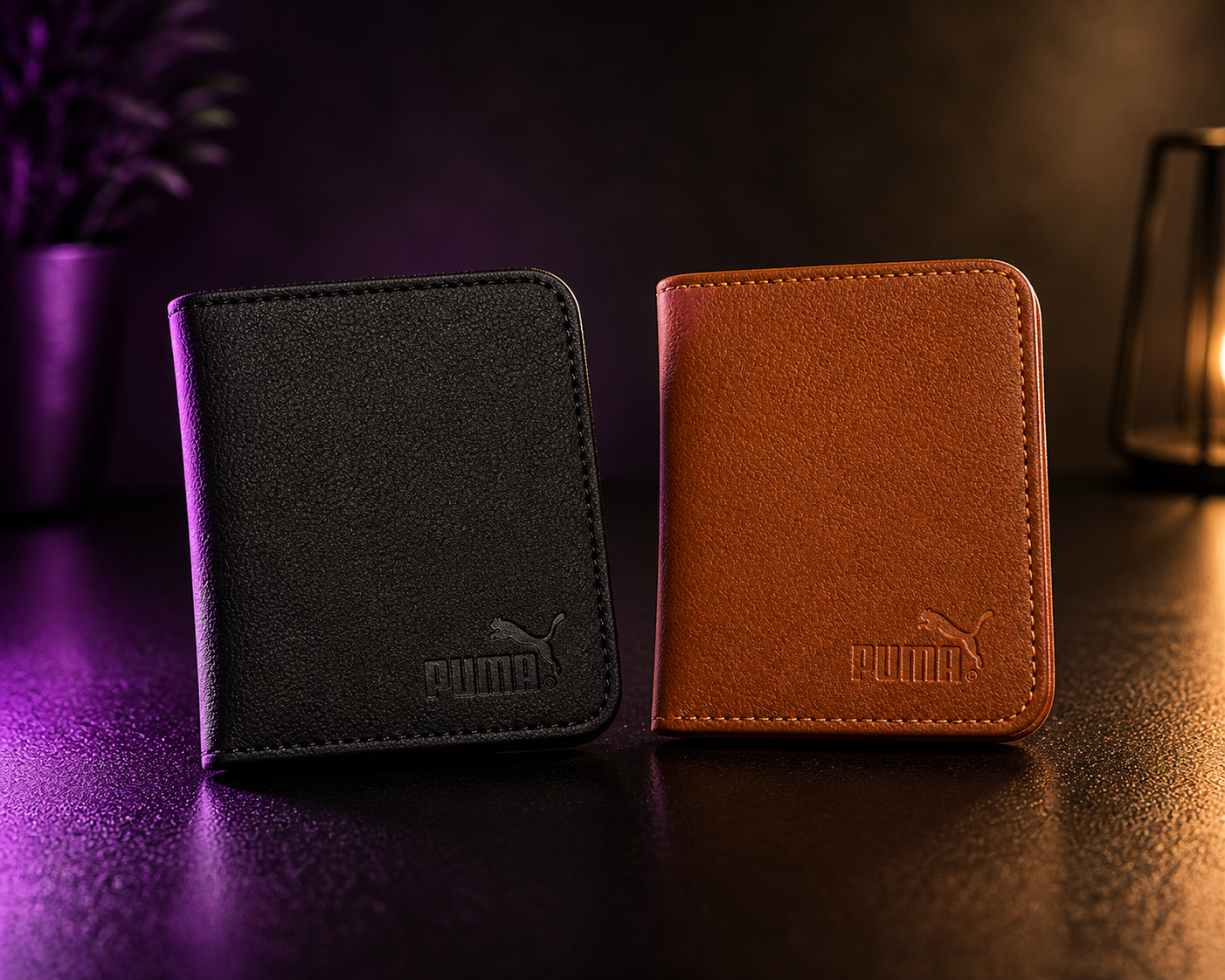 Men’s Premium Leather Wallet – Black, Orange & Gray | Luxury Puma Logo Design