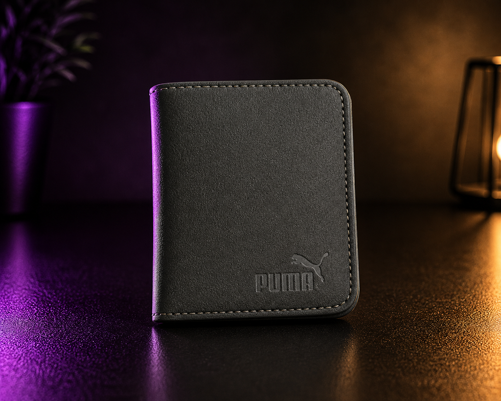 Men’s Premium Leather Wallet – Black, Orange & Gray | Luxury Puma Logo Design