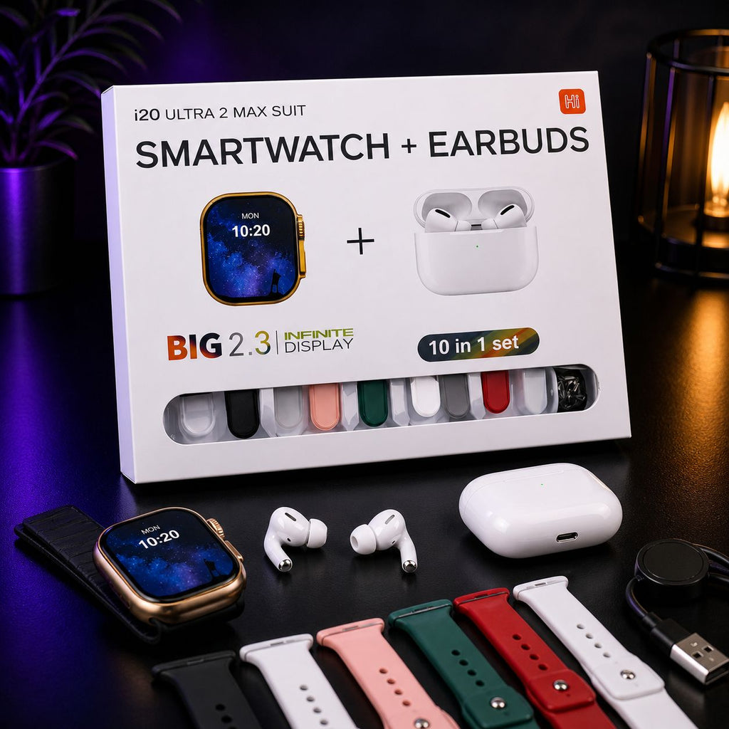 i20 Ultra 2 Max Smartwatch + Earbuds Combo (10-in-1 Set)